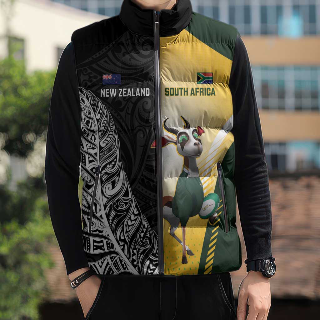New Zealand and South Africa Rugby Custom Sleeveless Puffer Jacket Maori Silver Fern Springbok Together LT14 - Polynesian Pride