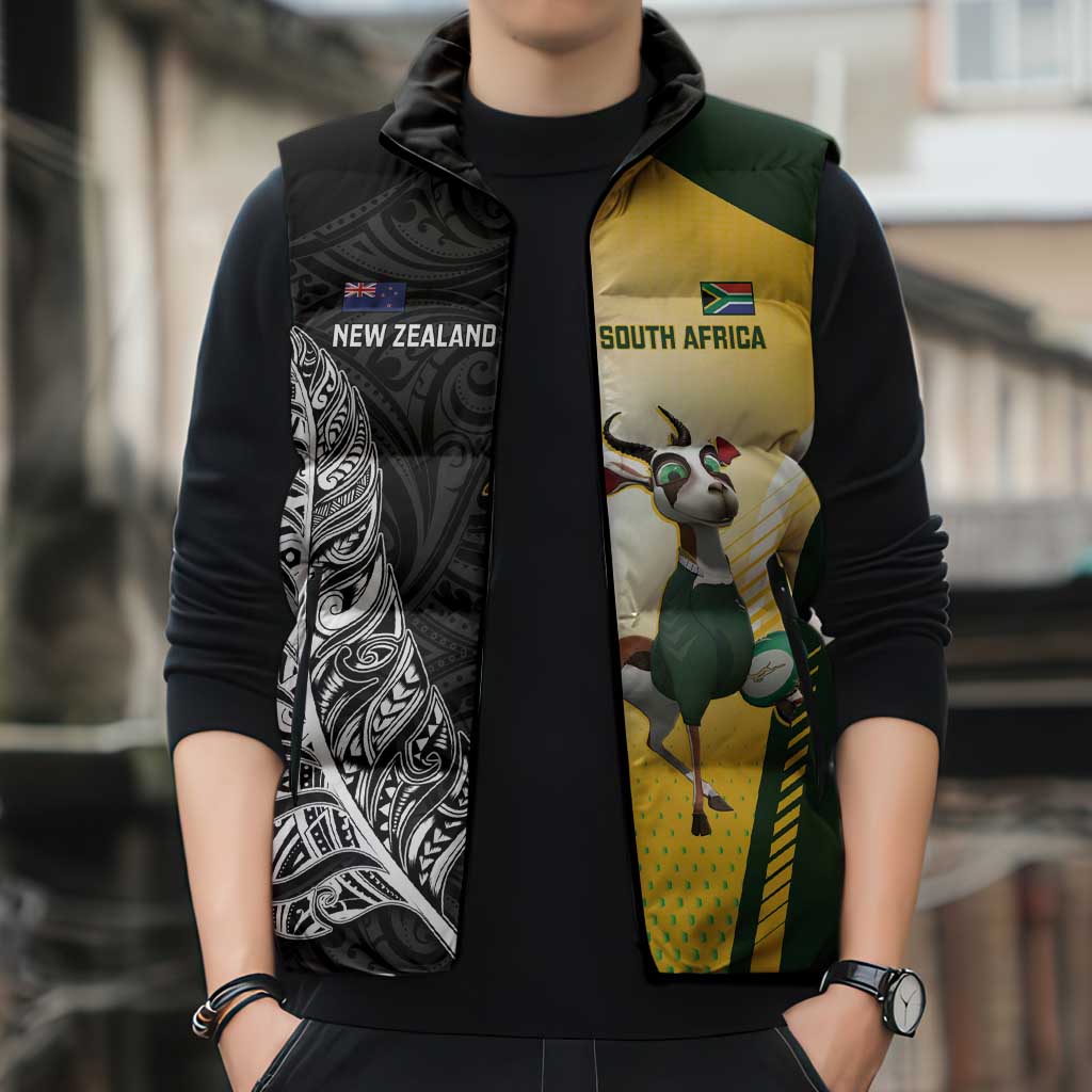 New Zealand and South Africa Rugby Custom Sleeveless Puffer Jacket Maori Silver Fern Springbok Together LT14 - Polynesian Pride