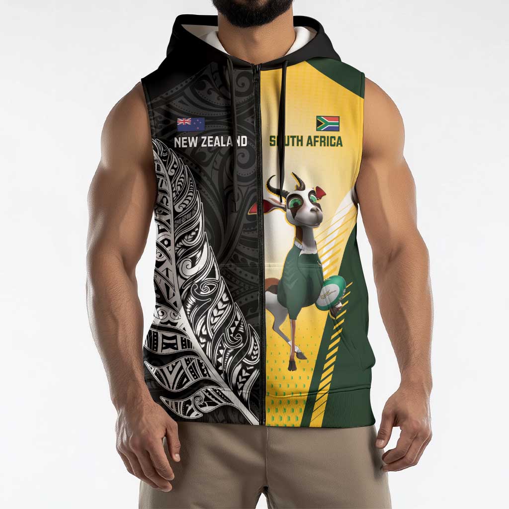New Zealand and South Africa Rugby Custom Sleeveless Zip Hoodie Maori Silver Fern Springbok Together LT14 - Polynesian Pride
