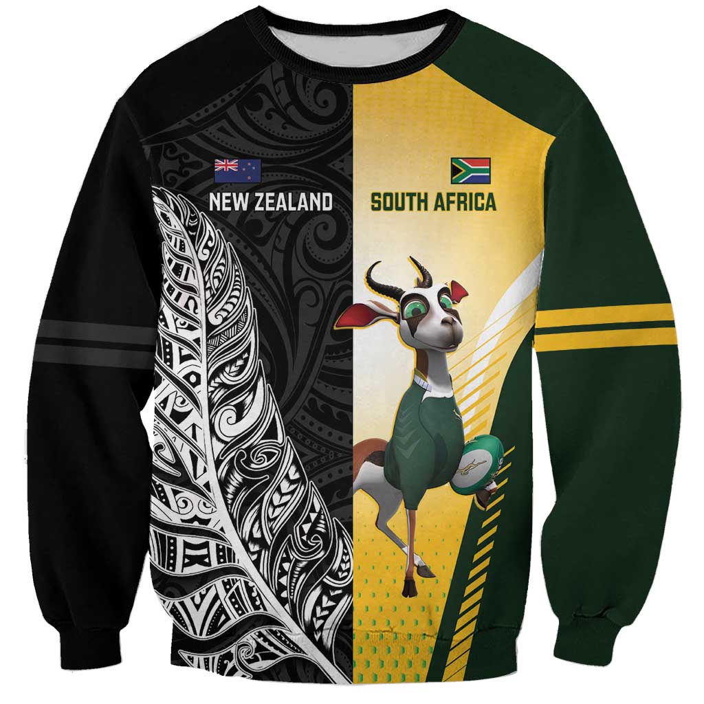 New Zealand and South Africa Rugby Custom Sweatshirt Maori Silver Fern Springbok Together LT14 Unisex Black - Polynesian Pride
