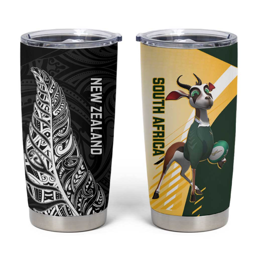 New Zealand and South Africa Rugby Tumbler Cup Maori Silver Fern Springbok Together LT14 Black - Polynesian Pride