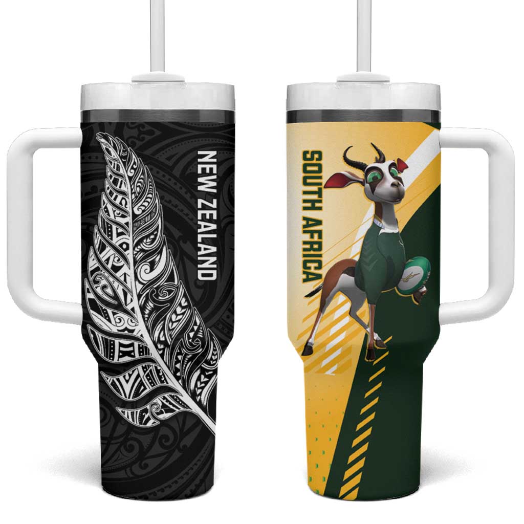 New Zealand and South Africa Rugby Tumbler With Handle Maori Silver Fern Springbok Together LT14 One Size: 40 oz Black - Polynesian Pride