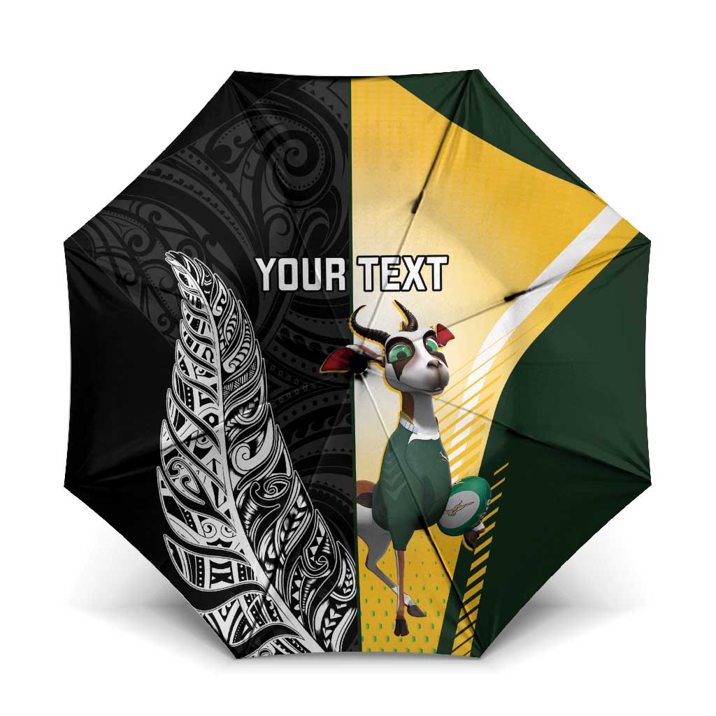 New Zealand and South Africa Rugby Custom Umbrella Maori Silver Fern Springbok Together LT14 One Size Folded 11.42 inch Opened Diameter 37.4 inch Black - Polynesian Pride