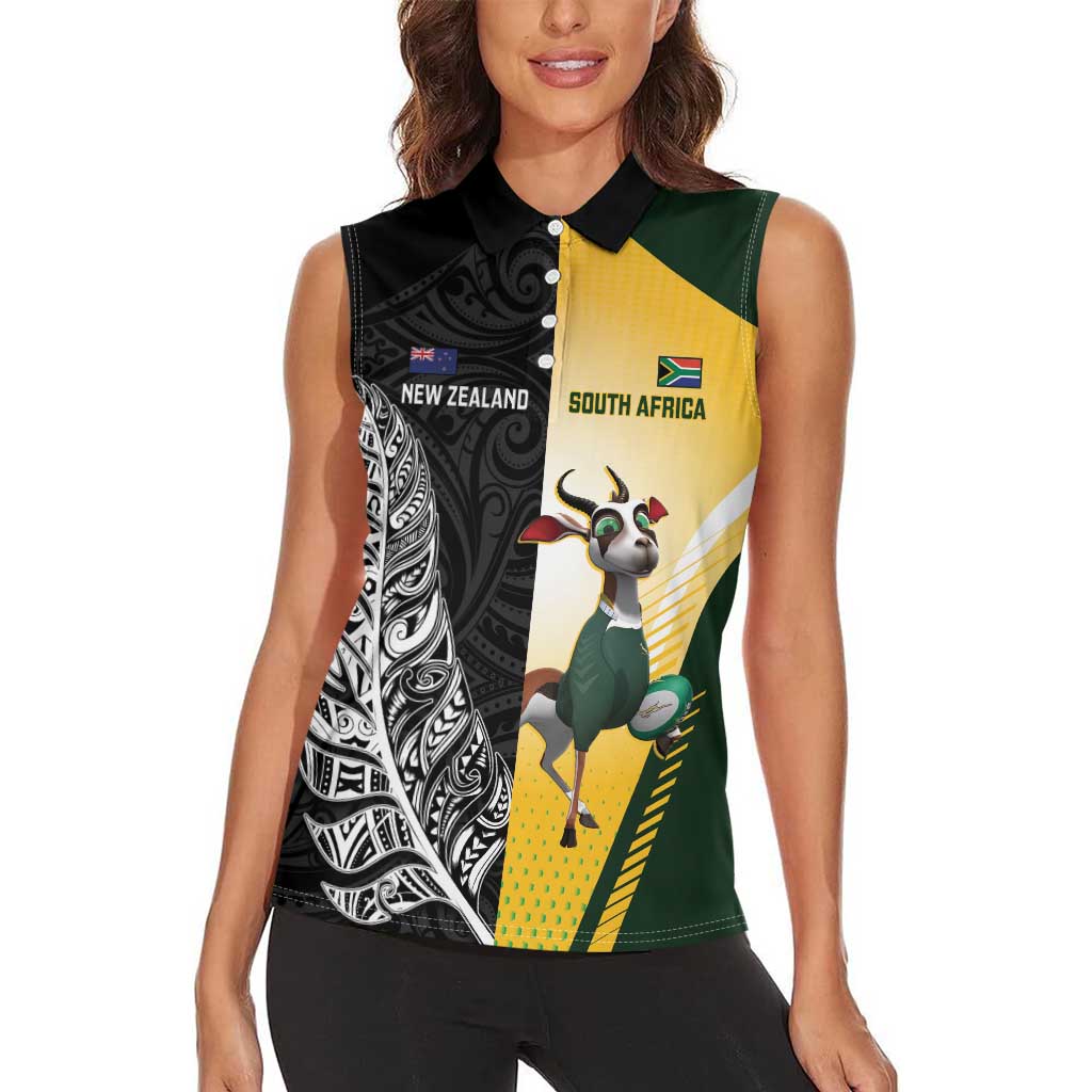 New Zealand and South Africa Rugby Custom Women Sleeveless Polo Shirt Maori Silver Fern Springbok Together LT14 - Polynesian Pride