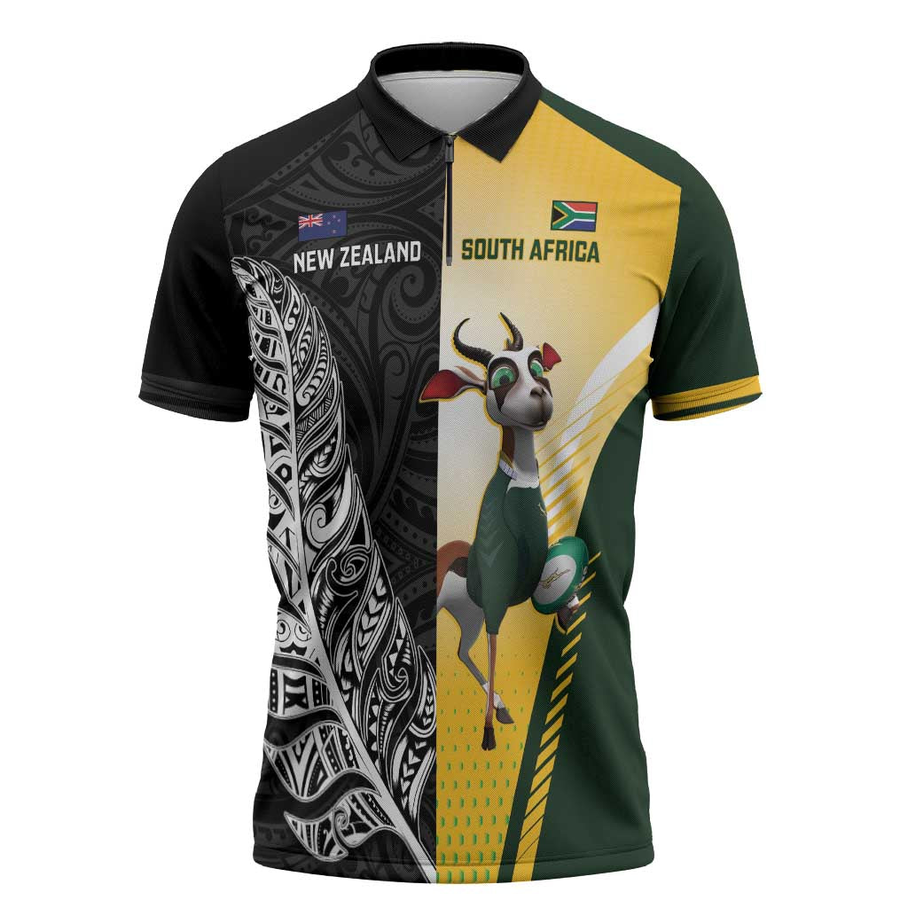 New Zealand and South Africa Rugby Custom Zipper Polo Shirt Maori Silver Fern Springbok Together LT14 Black - Polynesian Pride