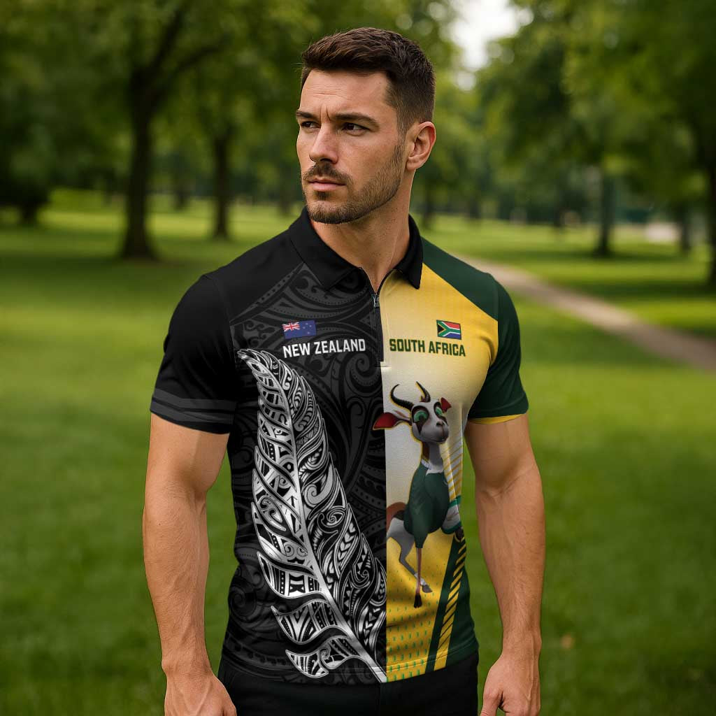 New Zealand and South Africa Rugby Custom Zipper Polo Shirt Maori Silver Fern Springbok Together LT14 - Polynesian Pride