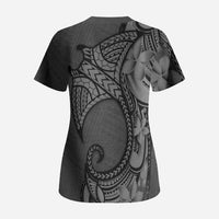 Polynesia Manta Ray Tattoo Scrub Top Tropical Plumeria Gray Polynesian Pattern LT14 - Polynesian Pride