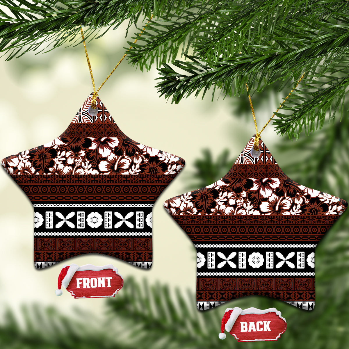 Bula Fiji Ceramic Ornament Fijian Tapa Masi With Hibiscus Flowers LT14 Star Brown - Polynesian Pride