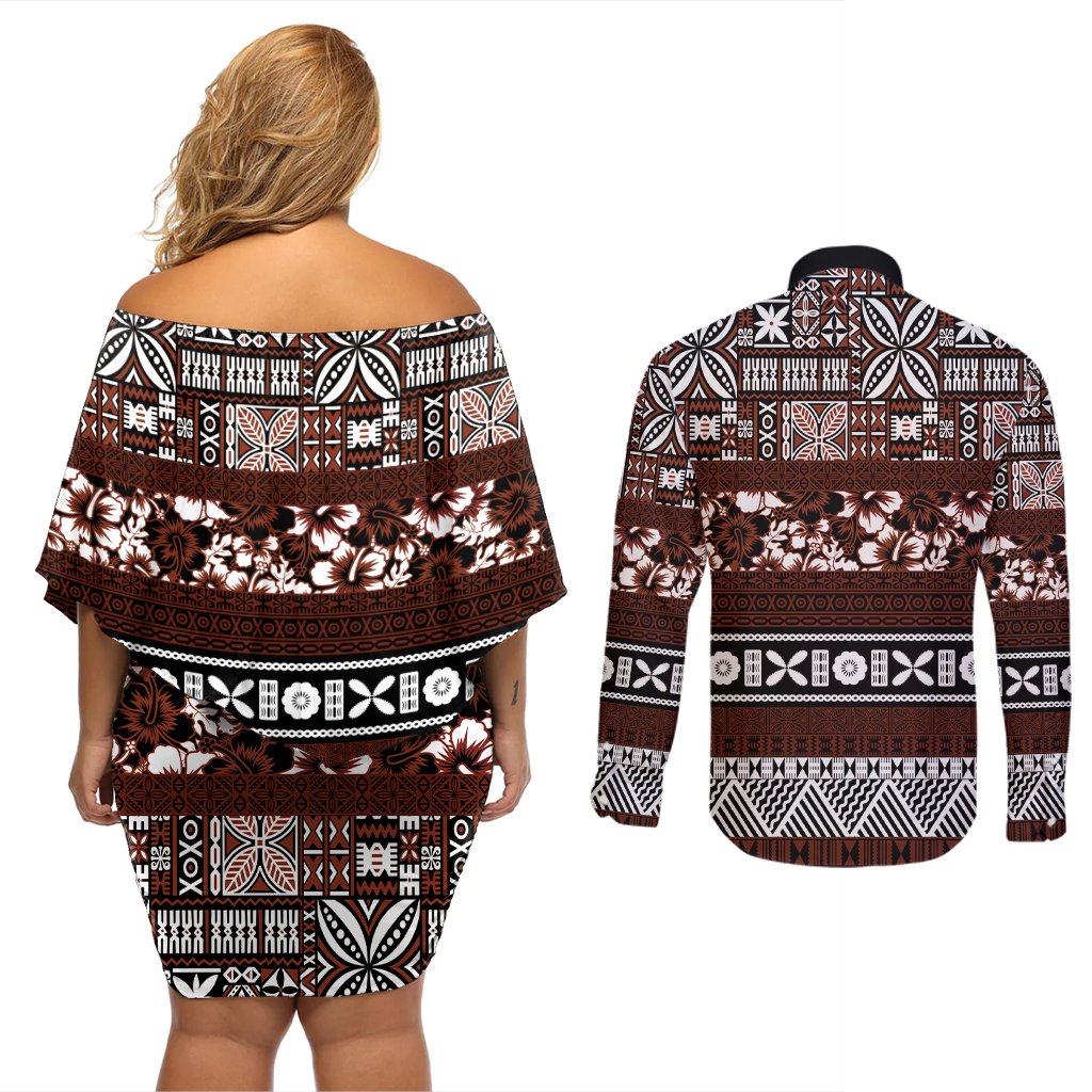 Bula Fiji Couples Matching Off Shoulder Short Dress and Long Sleeve Button Shirt Fijian Tapa Masi With Hibiscus Flowers LT14 - Polynesian Pride