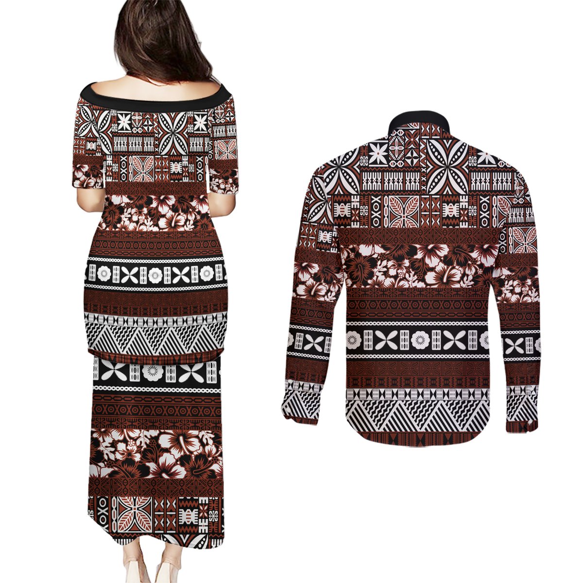 Bula Fiji Couples Matching Puletasi Dress and Long Sleeve Button Shirt Fijian Tapa Masi With Hibiscus Flowers LT14 - Polynesian Pride