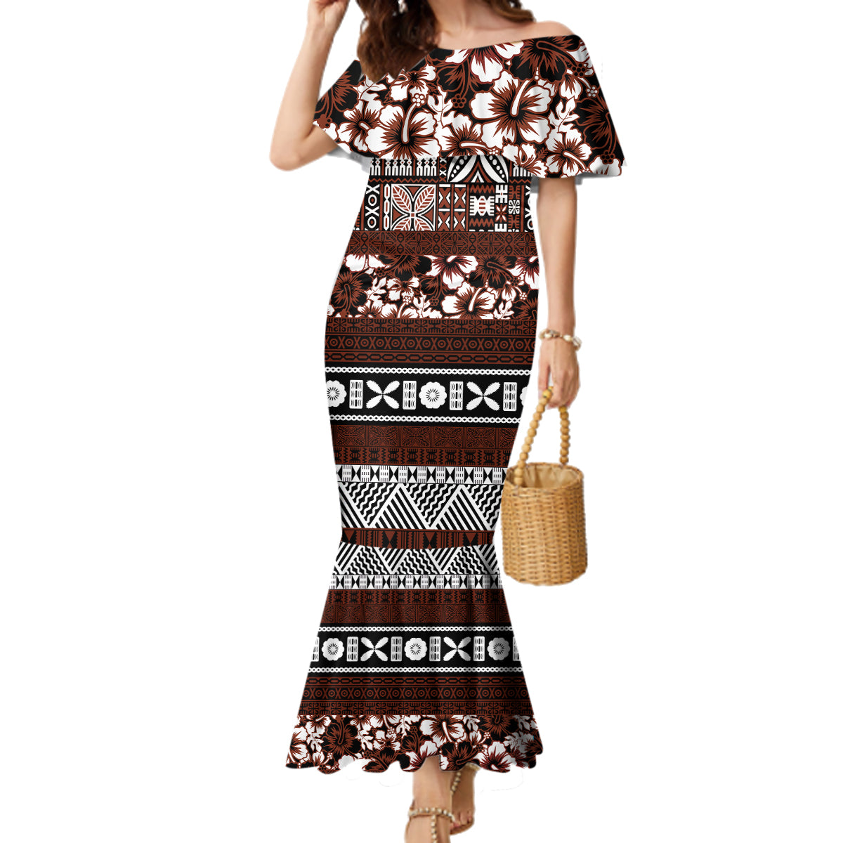 Bula Fiji Family Matching Mermaid Dress and Hawaiian Shirt Fijian Tapa Masi With Hibiscus Flowers LT14 Mom's Dress Brown - Polynesian Pride