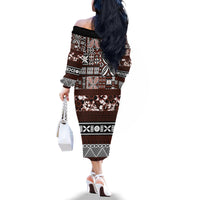 Bula Fiji Family Matching Off Shoulder Long Sleeve Dress and Hawaiian Shirt Fijian Tapa Masi With Hibiscus Flowers LT14 - Polynesian Pride