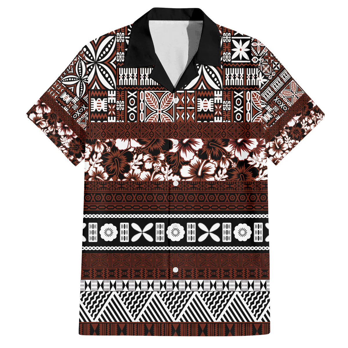 Bula Fiji Family Matching Off Shoulder Maxi Dress and Hawaiian Shirt Fijian Tapa Masi With Hibiscus Flowers LT14 Dad's Shirt - Short Sleeve Brown - Polynesian Pride
