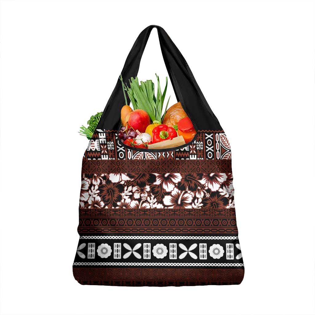 Bula Fiji Grocery Bag Fijian Tapa Masi With Hibiscus Flowers
