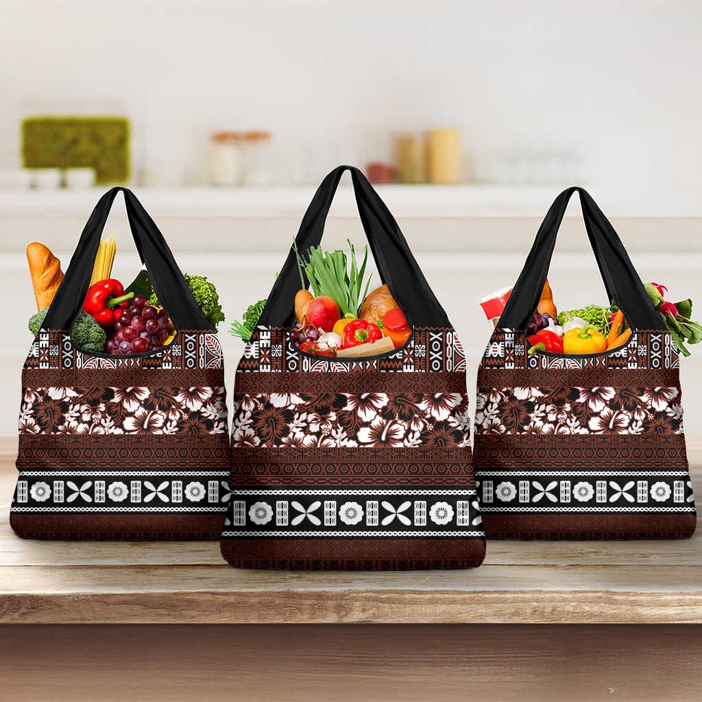 Bula Fiji Grocery Bag Fijian Tapa Masi With Hibiscus Flowers LT14 3-pack One Size Brown - Polynesian Pride