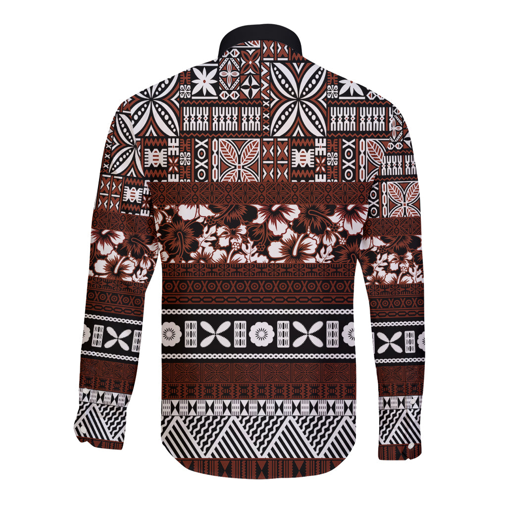 Bula Fiji Long Sleeve Button Shirt Fijian Tapa Masi With Hibiscus Flowers LT14 - Polynesian Pride