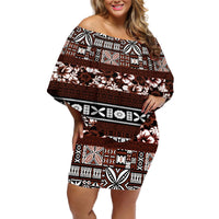 Bula Fiji Off Shoulder Short Dress Fijian Tapa Masi With Hibiscus Flowers LT14 Women Brown - Polynesian Pride