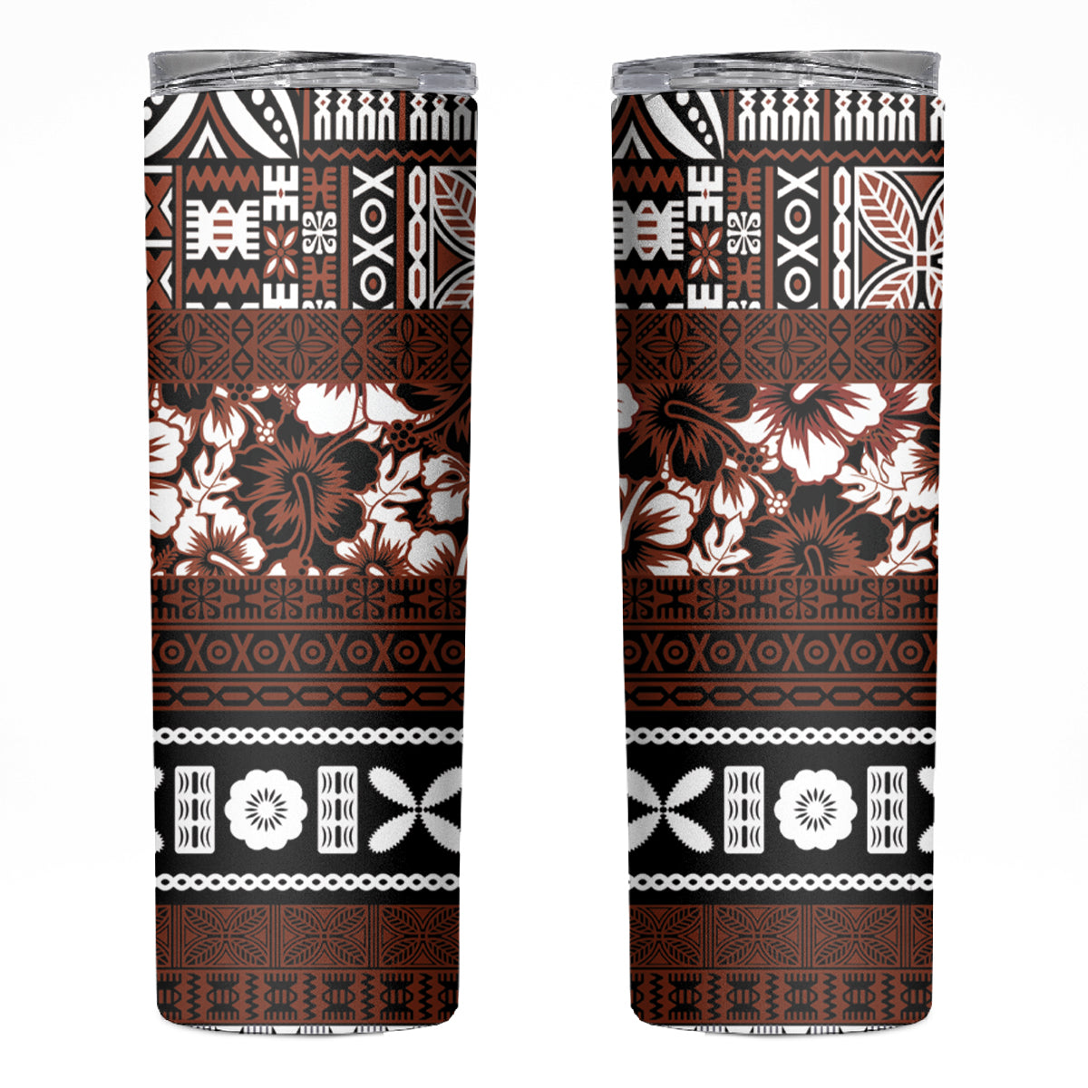 Bula Fiji Skinny Tumbler Fijian Tapa Masi With Hibiscus Flowers LT14 Brown - Polynesian Pride