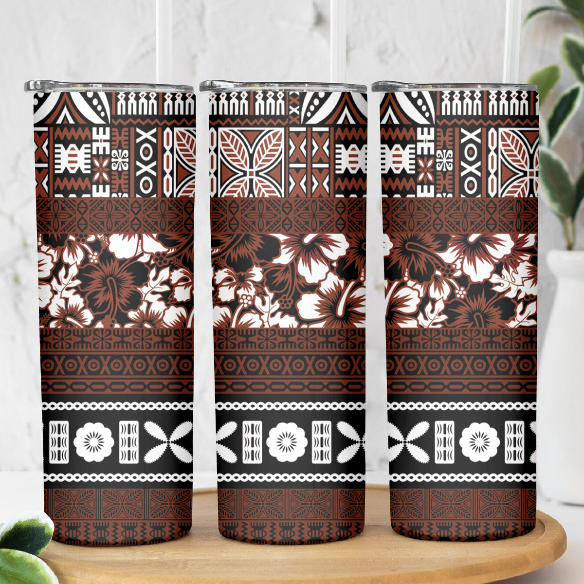 Bula Fiji Skinny Tumbler Fijian Tapa Masi With Hibiscus Flowers LT14 - Polynesian Pride