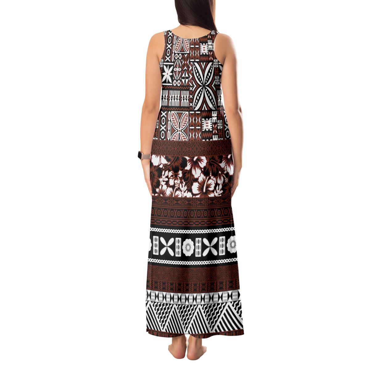 Bula Fiji Tank Maxi Dress Fijian Tapa Masi With Hibiscus Flowers LT14 - Polynesian Pride