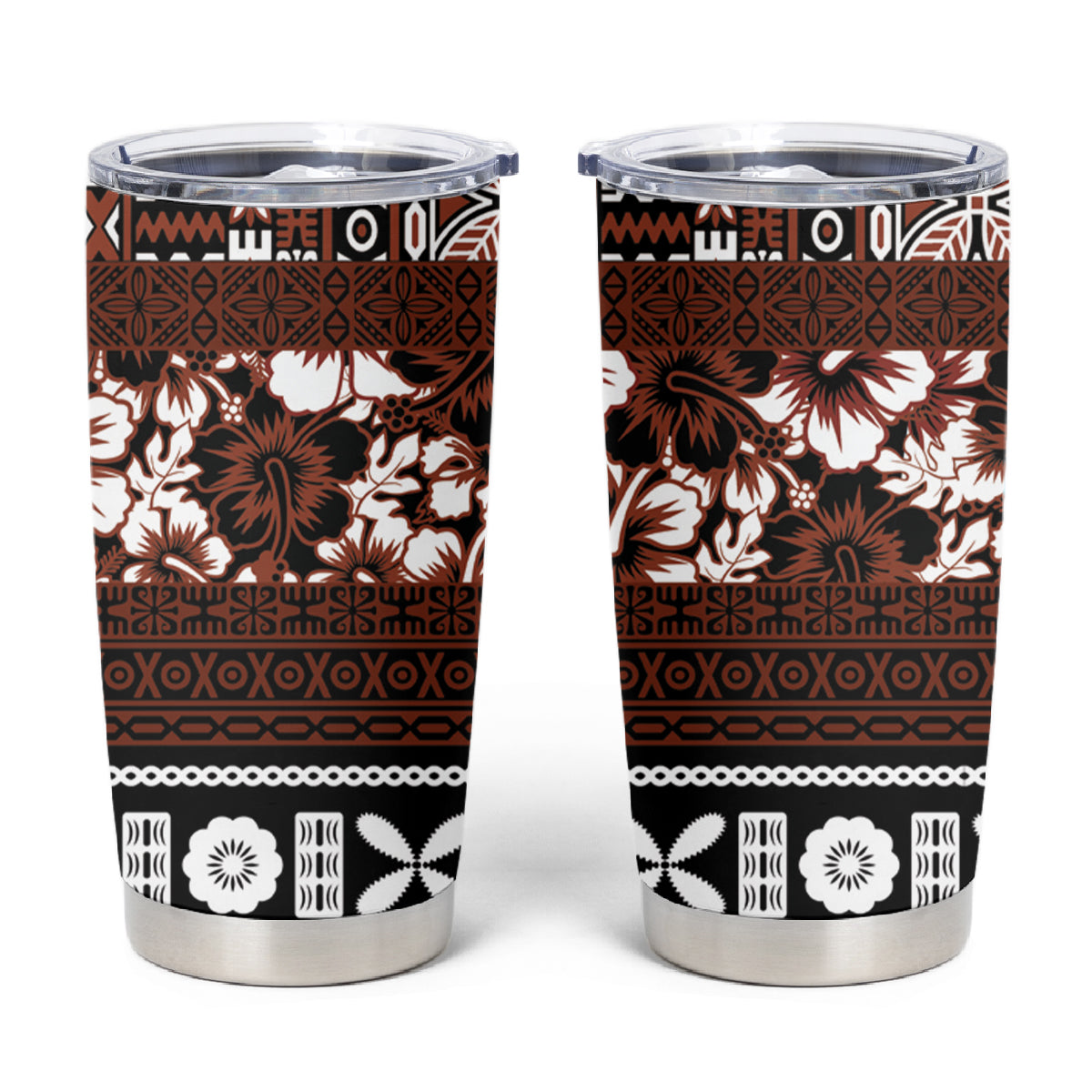 Bula Fiji Tumbler Cup Fijian Tapa Masi With Hibiscus Flowers LT14 Brown - Polynesian Pride