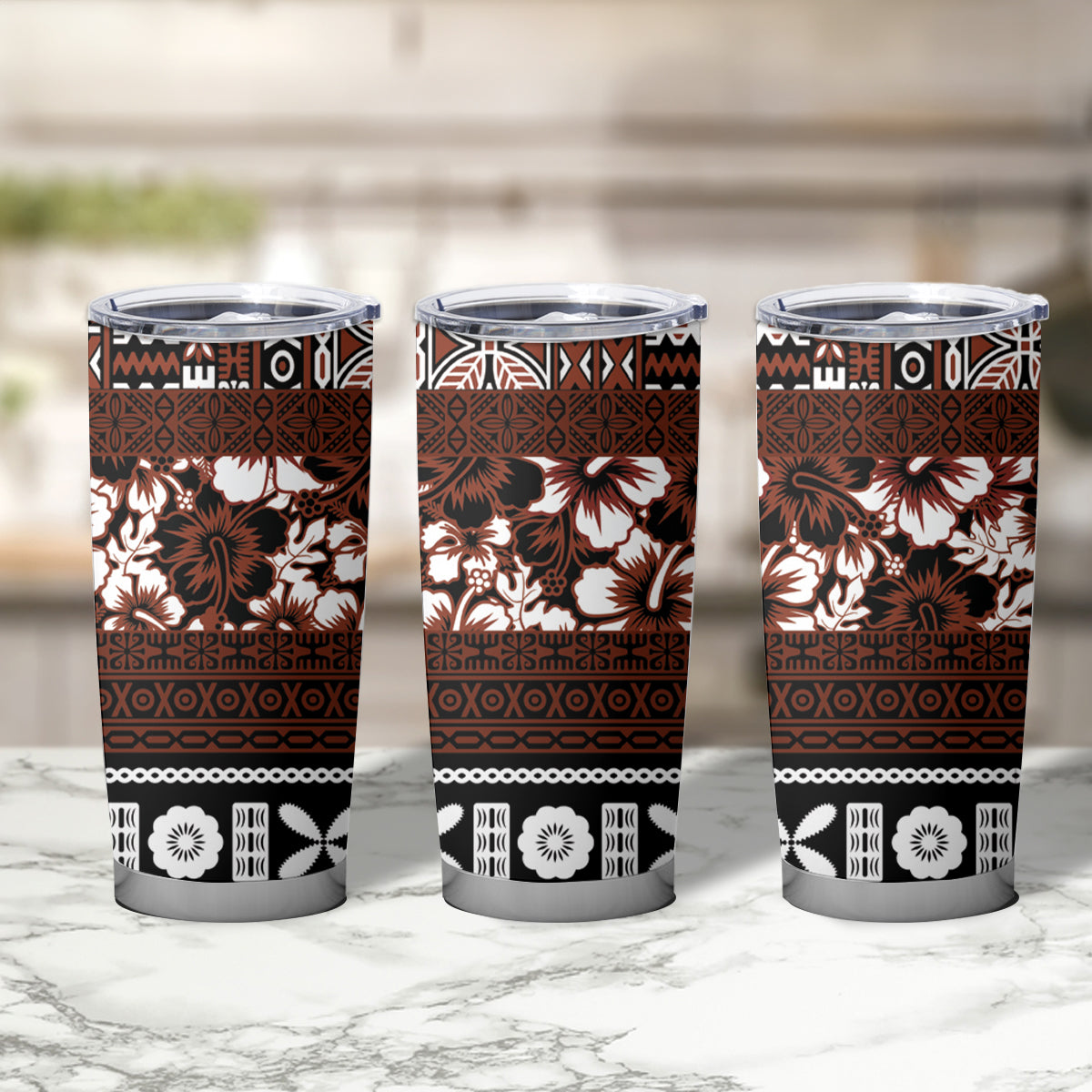 Bula Fiji Tumbler Cup Fijian Tapa Masi With Hibiscus Flowers LT14 - Polynesian Pride