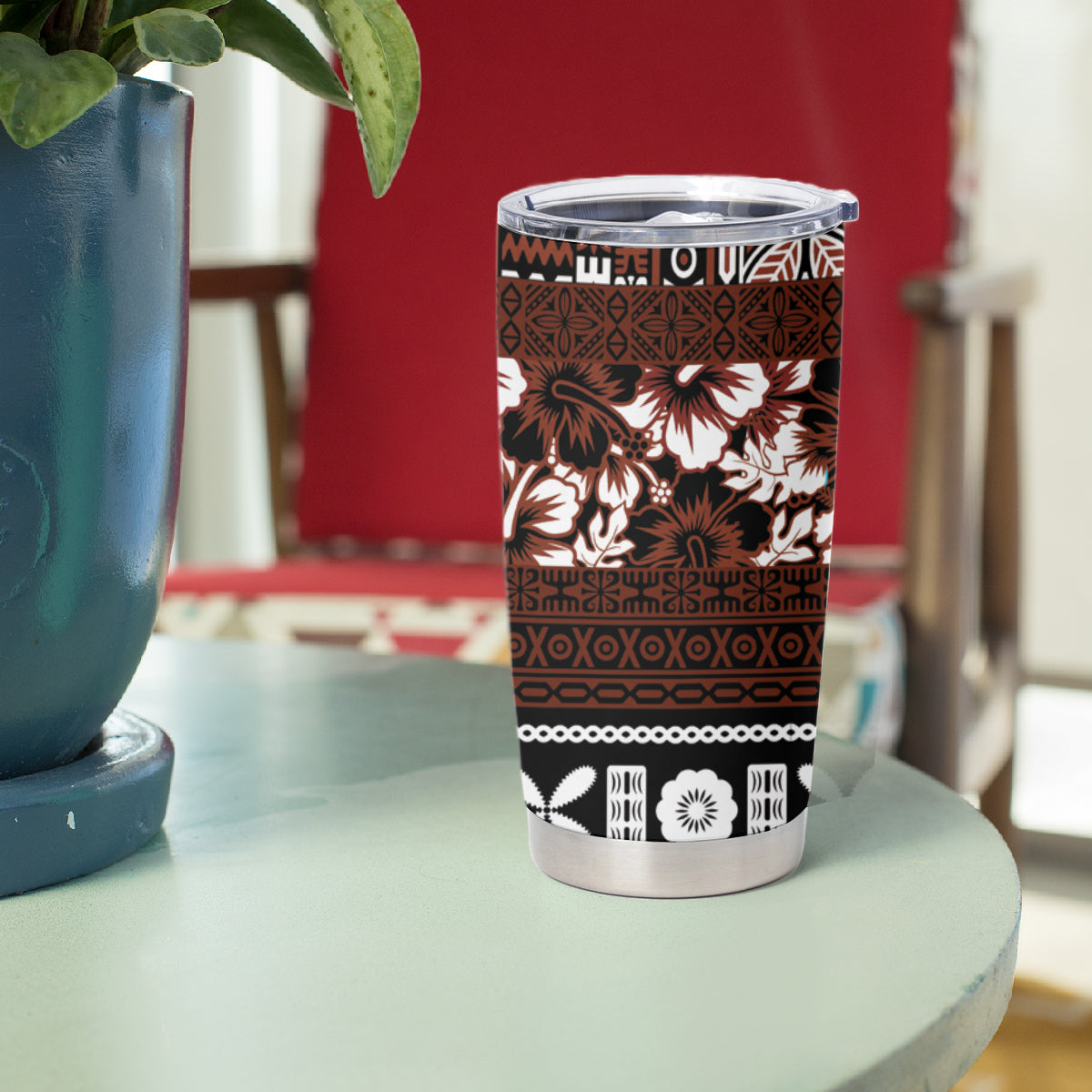 Bula Fiji Tumbler Cup Fijian Tapa Masi With Hibiscus Flowers LT14 - Polynesian Pride