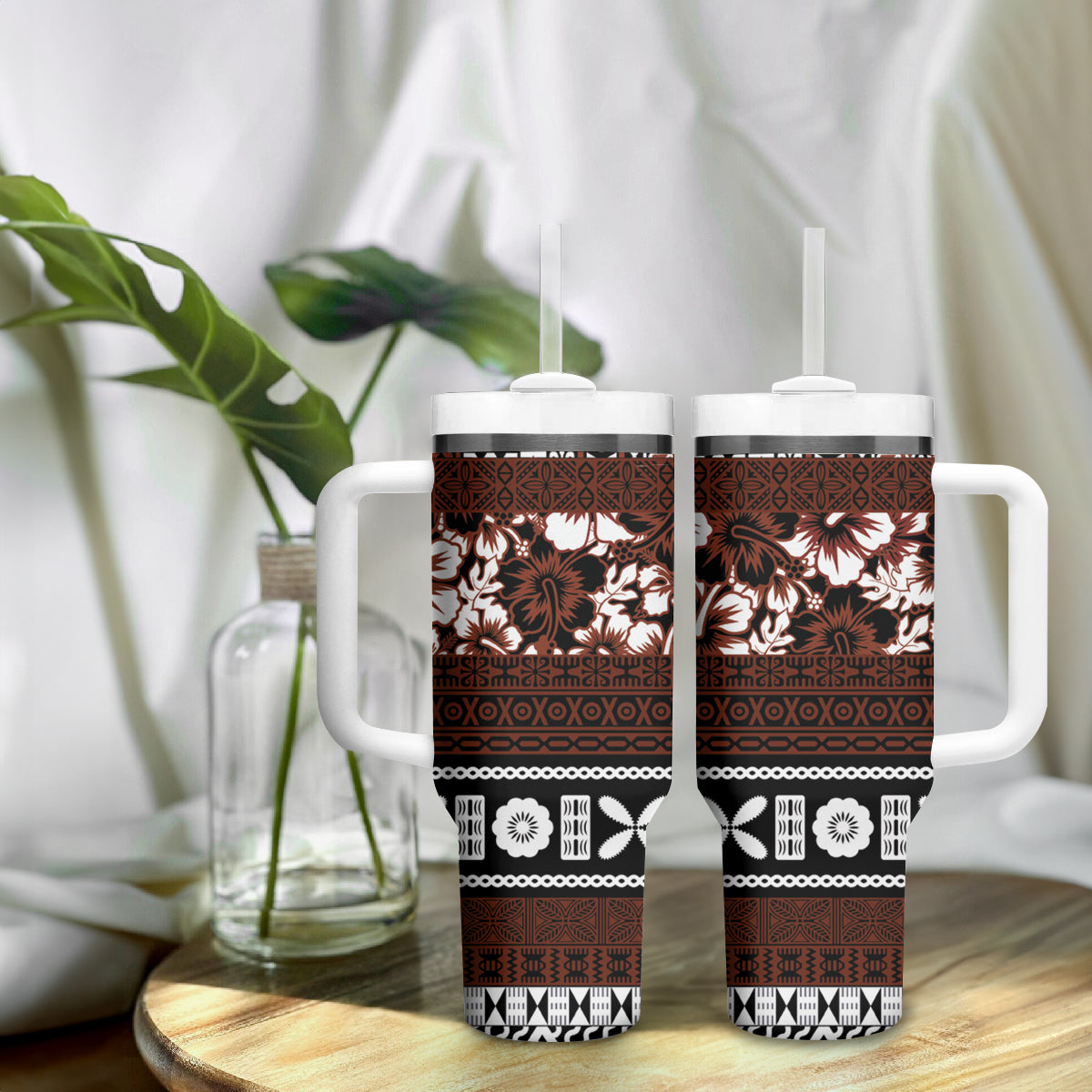 Bula Fiji Tumbler With Handle Fijian Tapa Masi With Hibiscus Flowers LT14 - Polynesian Pride