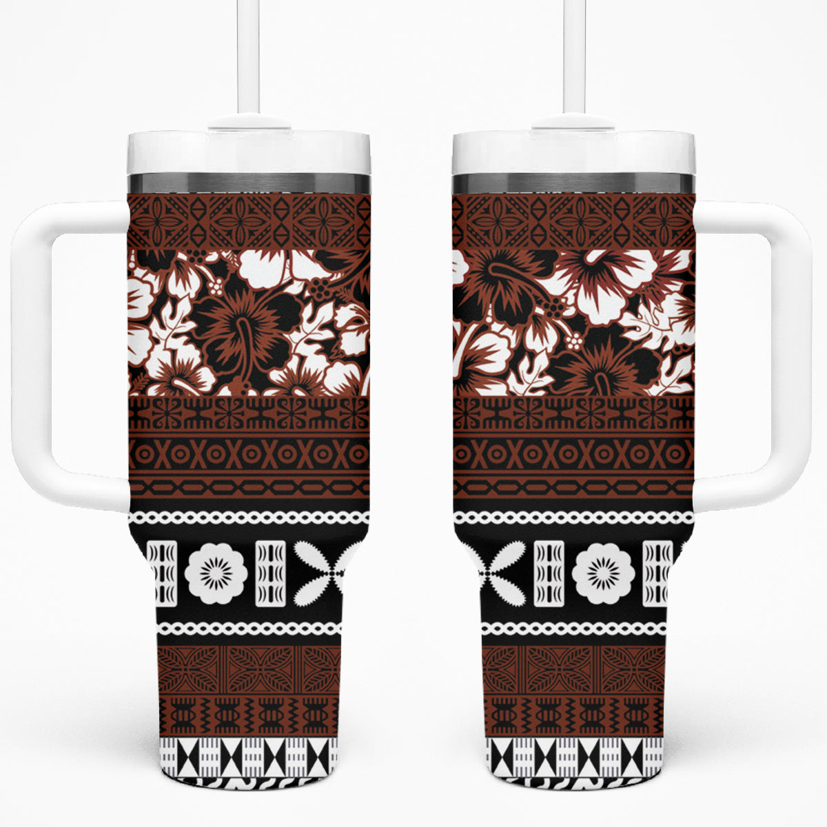 Bula Fiji Tumbler With Handle Fijian Tapa Masi With Hibiscus Flowers LT14 One Size: 40 oz Brown - Polynesian Pride