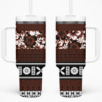 Bula Fiji Tumbler With Handle Fijian Tapa Masi With Hibiscus Flowers LT14 One Size: 40 oz Brown - Polynesian Pride