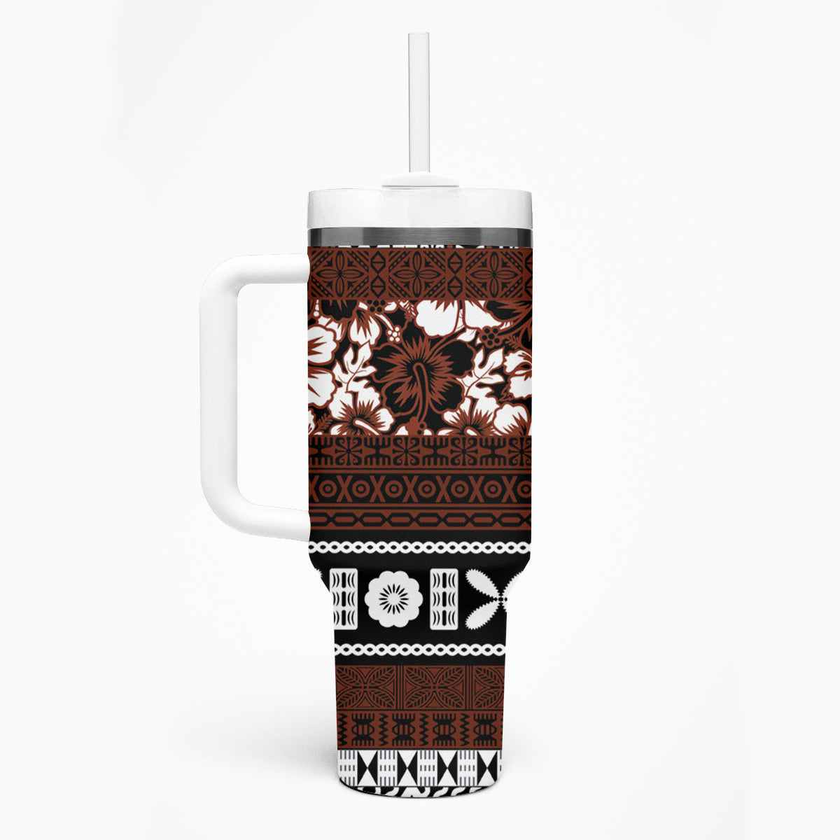 Bula Fiji Tumbler With Handle Fijian Tapa Masi With Hibiscus Flowers LT14 - Polynesian Pride