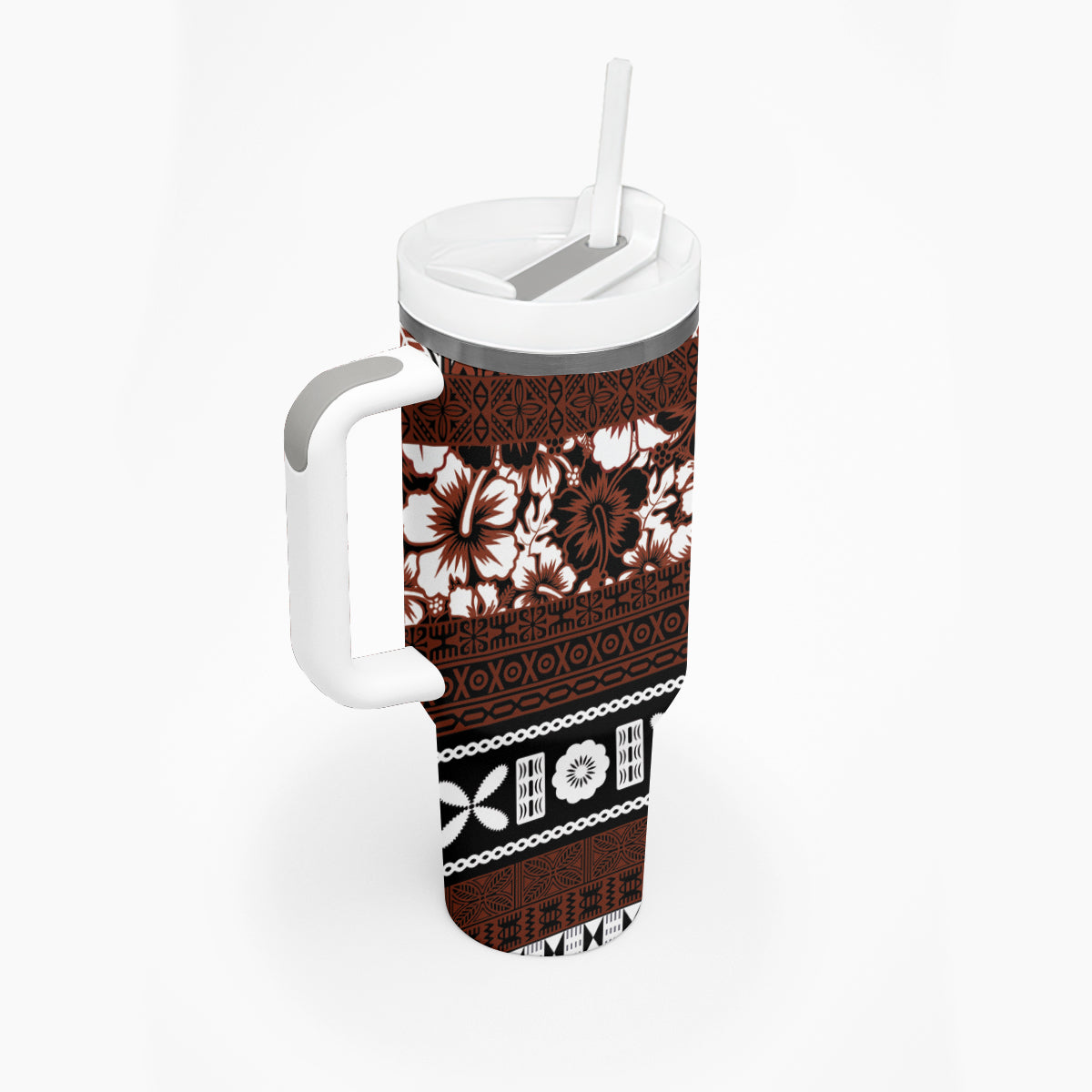 Bula Fiji Tumbler With Handle Fijian Tapa Masi With Hibiscus Flowers LT14 - Polynesian Pride