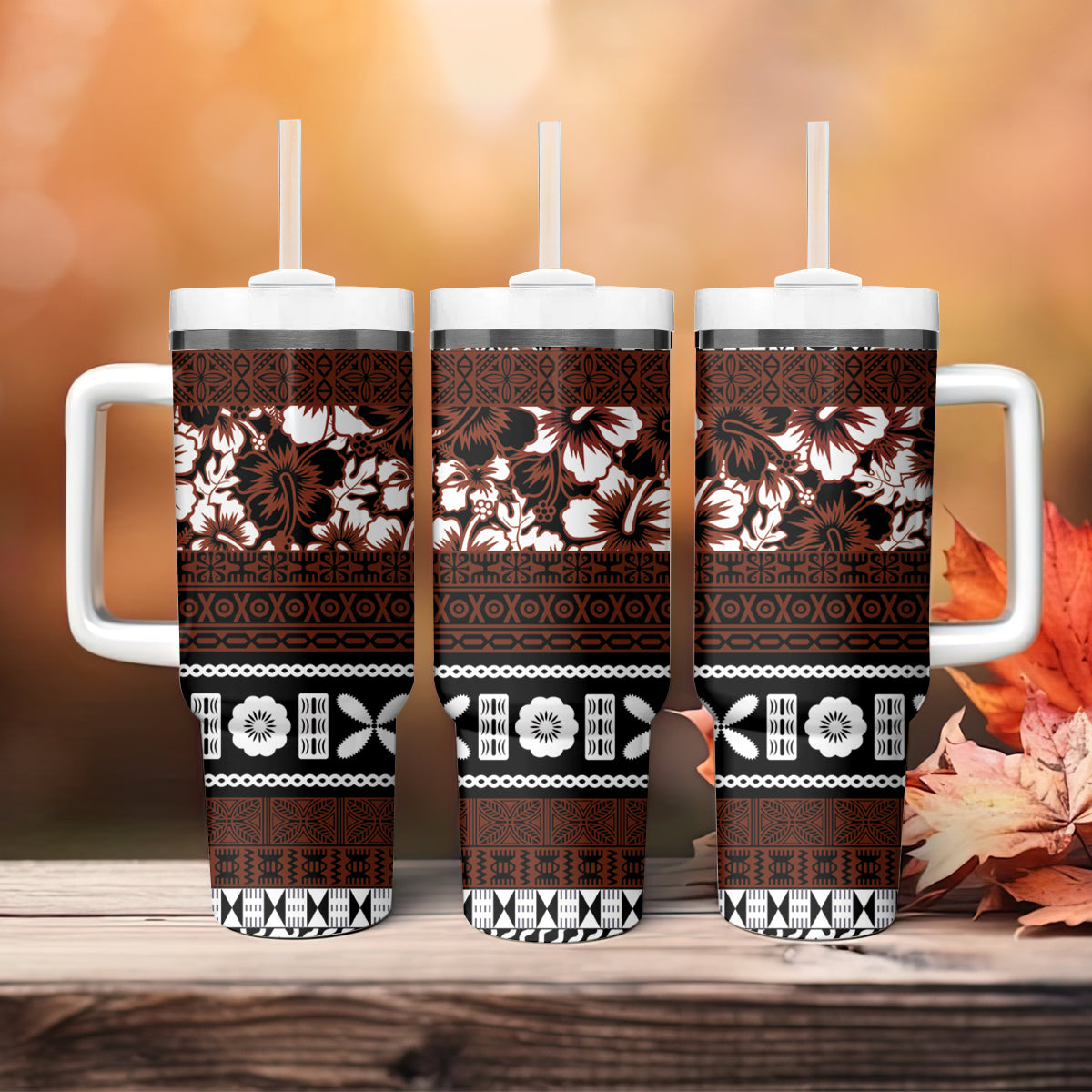 Bula Fiji Tumbler With Handle Fijian Tapa Masi With Hibiscus Flowers LT14 - Polynesian Pride