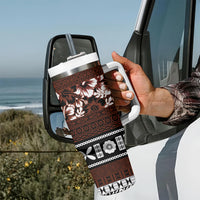 Bula Fiji Tumbler With Handle Fijian Tapa Masi With Hibiscus Flowers LT14 - Polynesian Pride