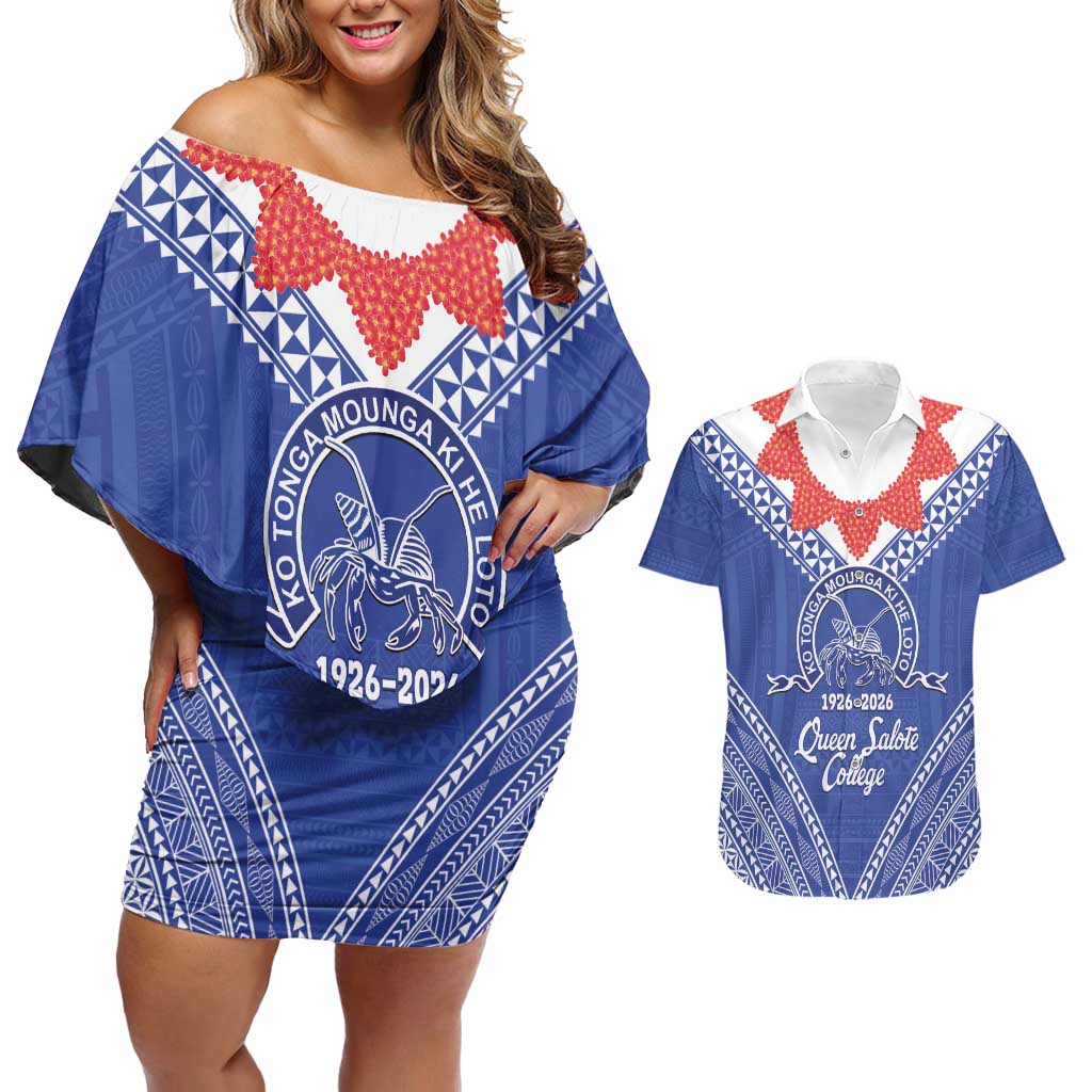 Queen Salote College 100 Years Personalized Couples Matching Off Shoulder Short Dress and Hawaiian Shirt Tonga QSC Heilala Lei Blue Ngatu Pattern LT14 Blue - Polynesian Pride