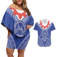 Queen Salote College 100 Years Personalized Couples Matching Off Shoulder Short Dress and Hawaiian Shirt Tonga QSC Heilala Lei Blue Ngatu Pattern LT14 Blue - Polynesian Pride