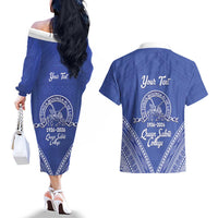 Queen Salote College 100 Years Personalized Couples Matching Off The Shoulder Long Sleeve Dress and Hawaiian Shirt Tonga QSC Heilala Lei Blue Ngatu Pattern LT14 - Polynesian Pride