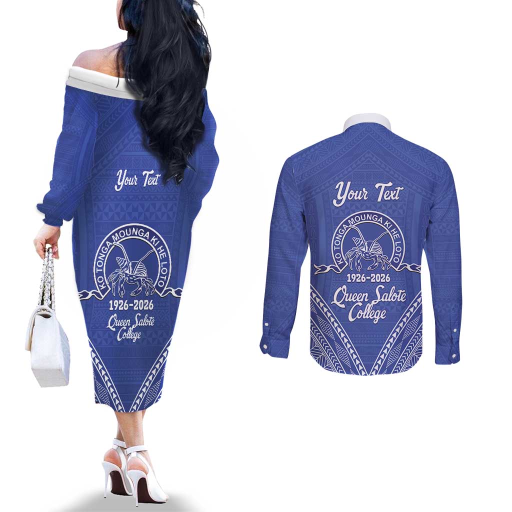 Queen Salote College 100 Years Personalized Couples Matching Off The Shoulder Long Sleeve Dress and Long Sleeve Button Shirt Tonga QSC Heilala Lei Blue Ngatu Pattern LT14 - Polynesian Pride