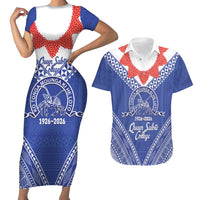 Queen Salote College 100 Years Personalized Couples Matching Short Sleeve Bodycon Dress and Hawaiian Shirt Tonga QSC Heilala Lei Blue Ngatu Pattern LT14 Blue - Polynesian Pride