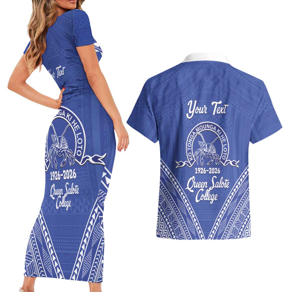 Queen Salote College 100 Years Personalized Couples Matching Short Sleeve Bodycon Dress and Hawaiian Shirt Tonga QSC Heilala Lei Blue Ngatu Pattern LT14 - Polynesian Pride