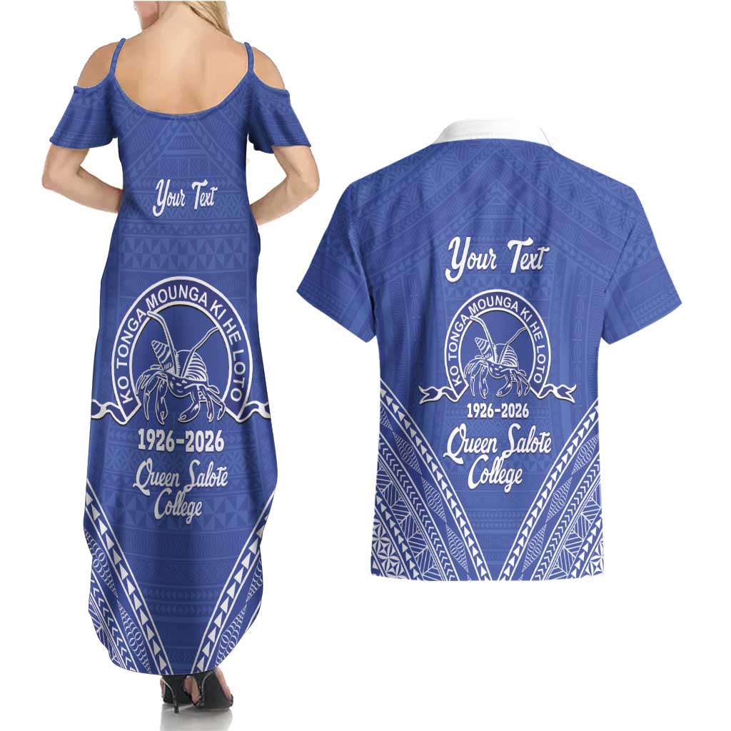 Queen Salote College 100 Years Personalized Couples Matching Summer Maxi Dress and Hawaiian Shirt Tonga QSC Heilala Lei Blue Ngatu Pattern LT14 - Polynesian Pride