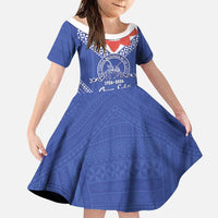 Queen Salote College 100 Years Personalized Family Matching Long Sleeve Bodycon Dress and Hawaiian Shirt Tonga QSC Heilala Lei Blue Ngatu Pattern LT14 Daughter's Dress Blue - Polynesian Pride