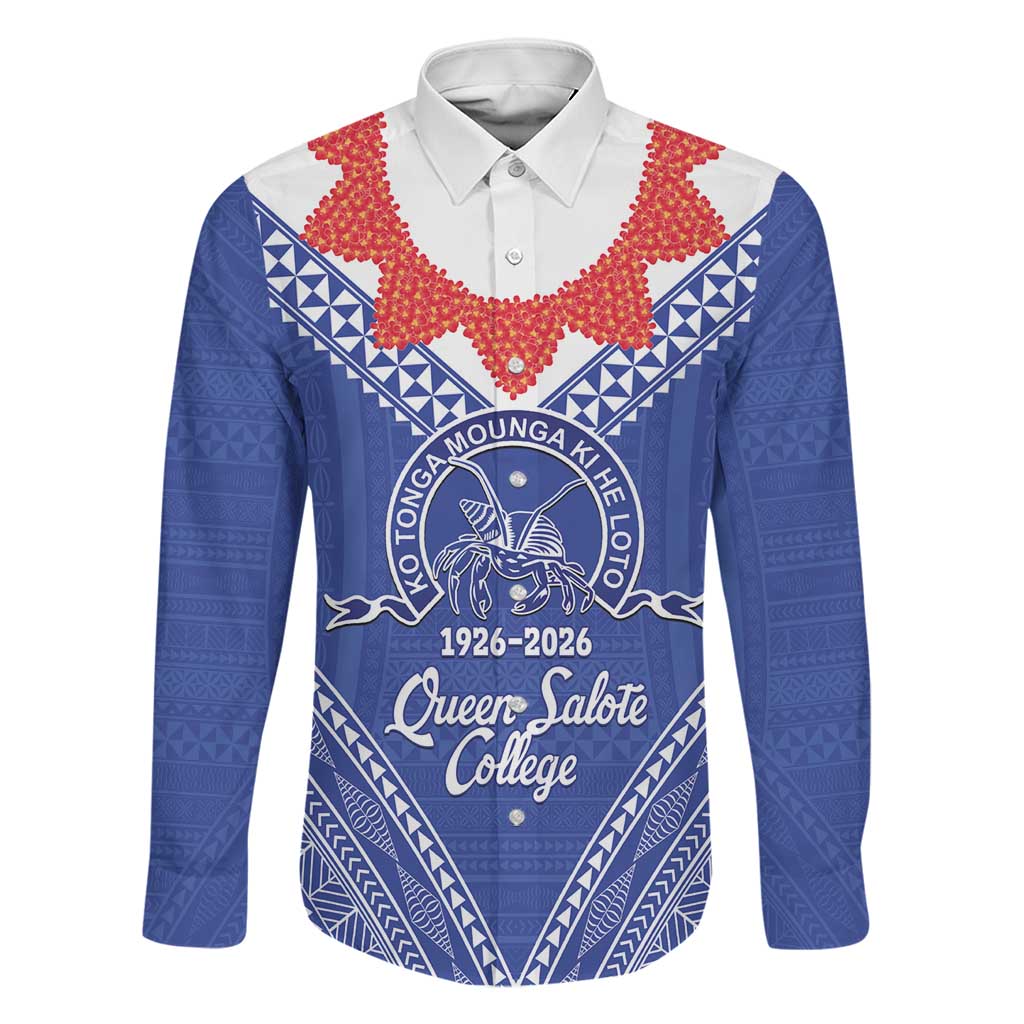 Queen Salote College 100 Years Personalized Family Matching Long Sleeve Bodycon Dress and Hawaiian Shirt Tonga QSC Heilala Lei Blue Ngatu Pattern LT14 Dad's Shirt - Long Sleeve Blue - Polynesian Pride