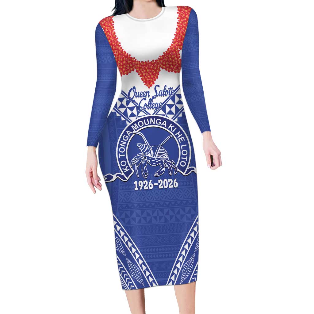 Queen Salote College 100 Years Personalized Family Matching Long Sleeve Bodycon Dress and Hawaiian Shirt Tonga QSC Heilala Lei Blue Ngatu Pattern LT14 Mom's Dress Blue - Polynesian Pride