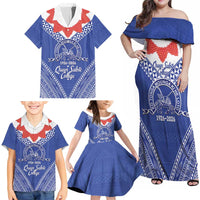 Queen Salote College 100 Years Personalized Family Matching Off Shoulder Maxi Dress and Hawaiian Shirt Tonga QSC Heilala Lei Blue Ngatu Pattern LT14 - Polynesian Pride