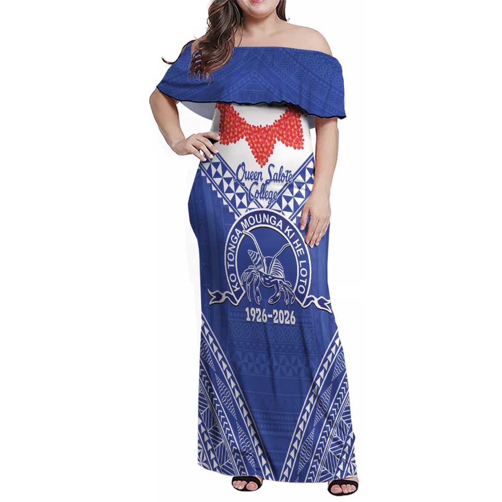 Queen Salote College 100 Years Personalized Family Matching Off Shoulder Maxi Dress and Hawaiian Shirt Tonga QSC Heilala Lei Blue Ngatu Pattern LT14 Mom's Dress Blue - Polynesian Pride