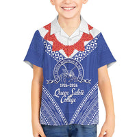 Queen Salote College 100 Years Personalized Family Matching Off Shoulder Maxi Dress and Hawaiian Shirt Tonga QSC Heilala Lei Blue Ngatu Pattern LT14 Son's Shirt Blue - Polynesian Pride
