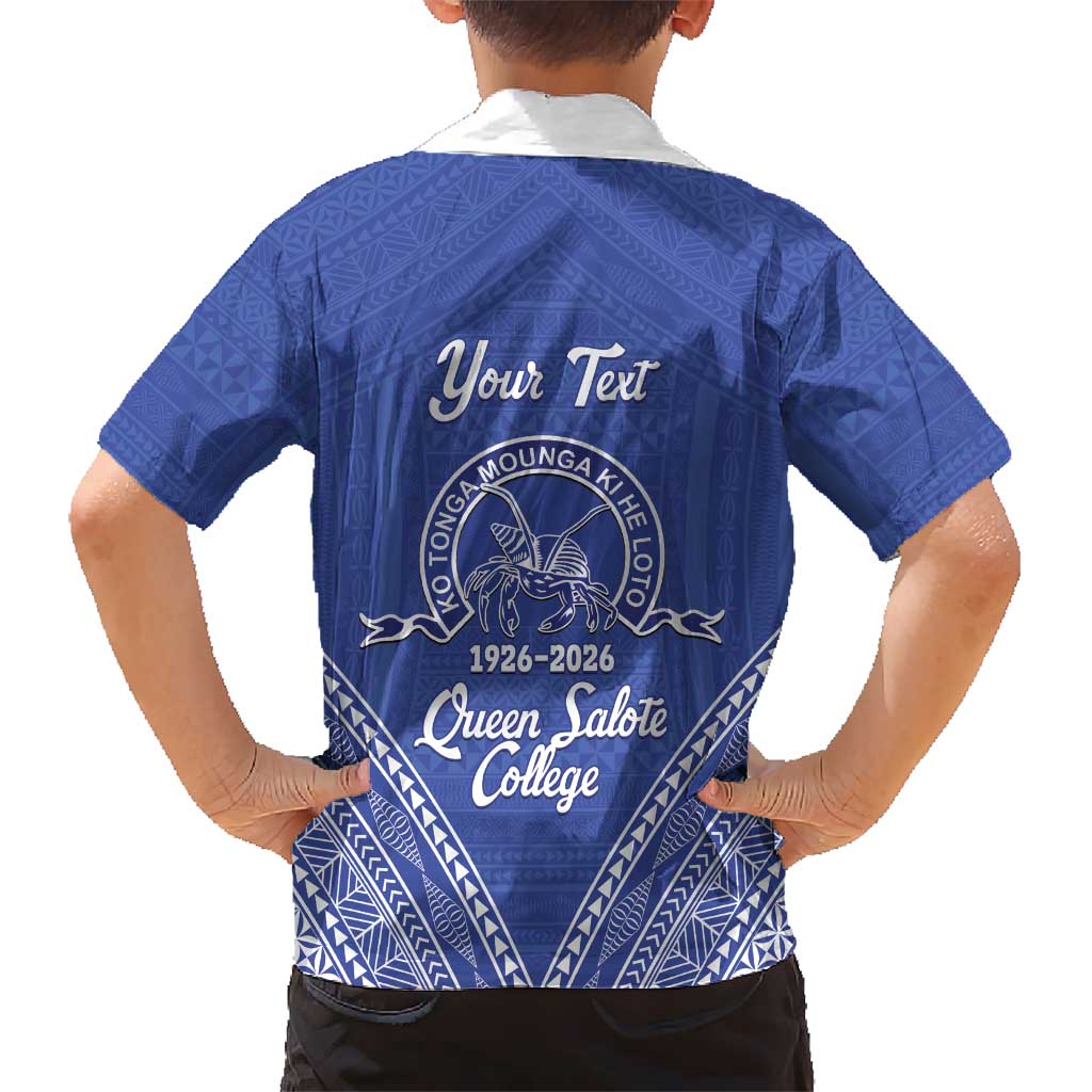 Queen Salote College 100 Years Personalized Family Matching Off Shoulder Short Dress and Hawaiian Shirt Tonga QSC Heilala Lei Blue Ngatu Pattern LT14 - Polynesian Pride