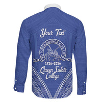 Queen Salote College 100 Years Personalized Family Matching Off Shoulder Short Dress and Hawaiian Shirt Tonga QSC Heilala Lei Blue Ngatu Pattern LT14 - Polynesian Pride
