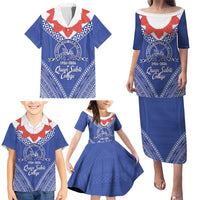 Queen Salote College 100 Years Personalized Family Matching Puletasi and Hawaiian Shirt Tonga QSC Heilala Lei Blue Ngatu Pattern LT14 - Polynesian Pride